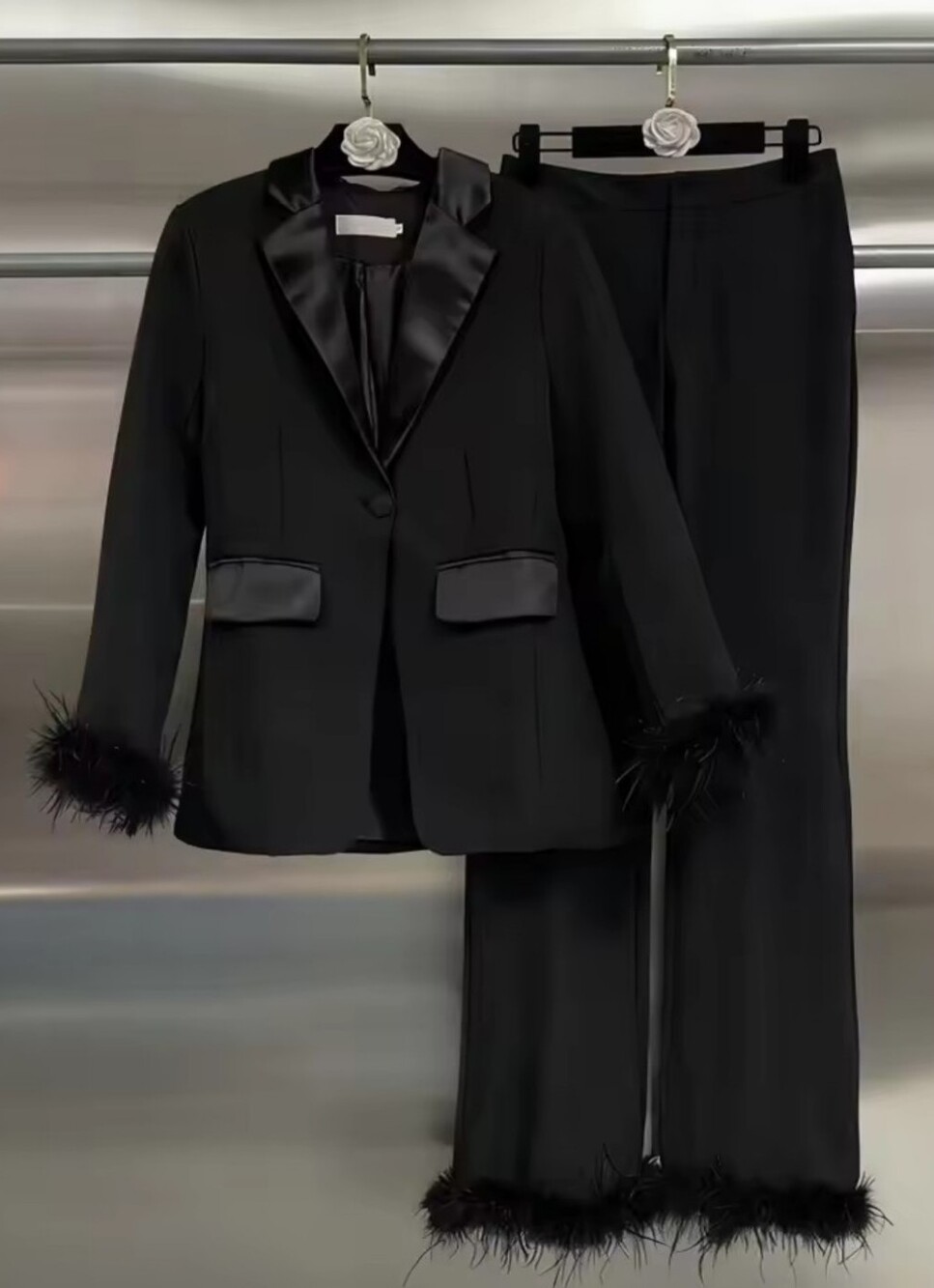 SALE! Black Feather-Trim Satin Lapel Women’s Suit Blazer & Trousers